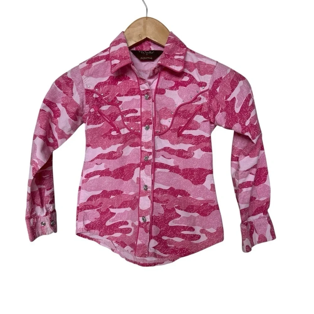 WALLS Girl’s Pink Camouflage Button-Up Shirt S Long Sleeve Ranchwear Gem Snaps